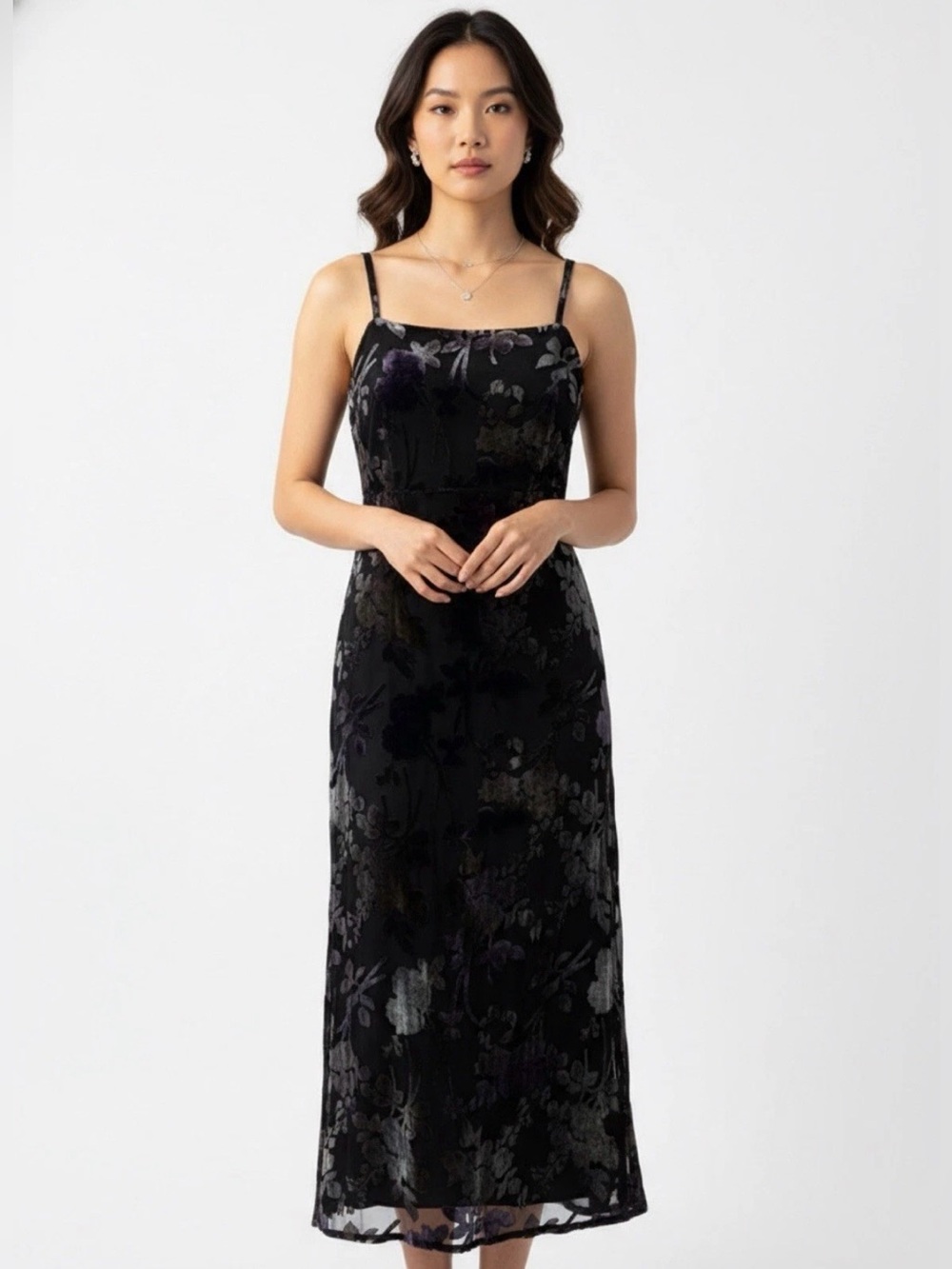 TAYLOR black floral burnout velvet maxi dress Size 4 Side cutouts on both sides